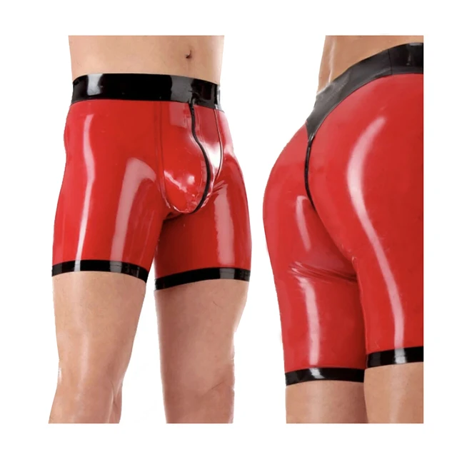 Sexy Latex Mans Boxer Red And Black Trims Rubber Shorts With