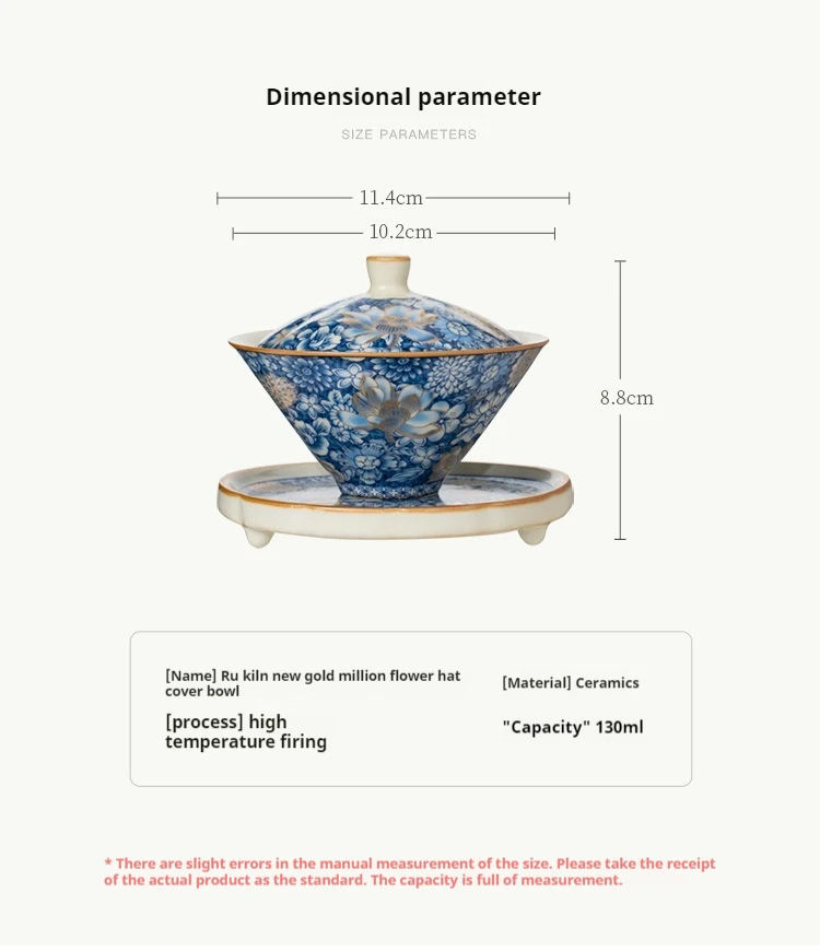 Description Picture 2 of itemCeramic Ru Kiln Gold Million Flower Hat Three Cover Bowl Teacup Home High-end Tea Bowl Large Not Hot Tea Set