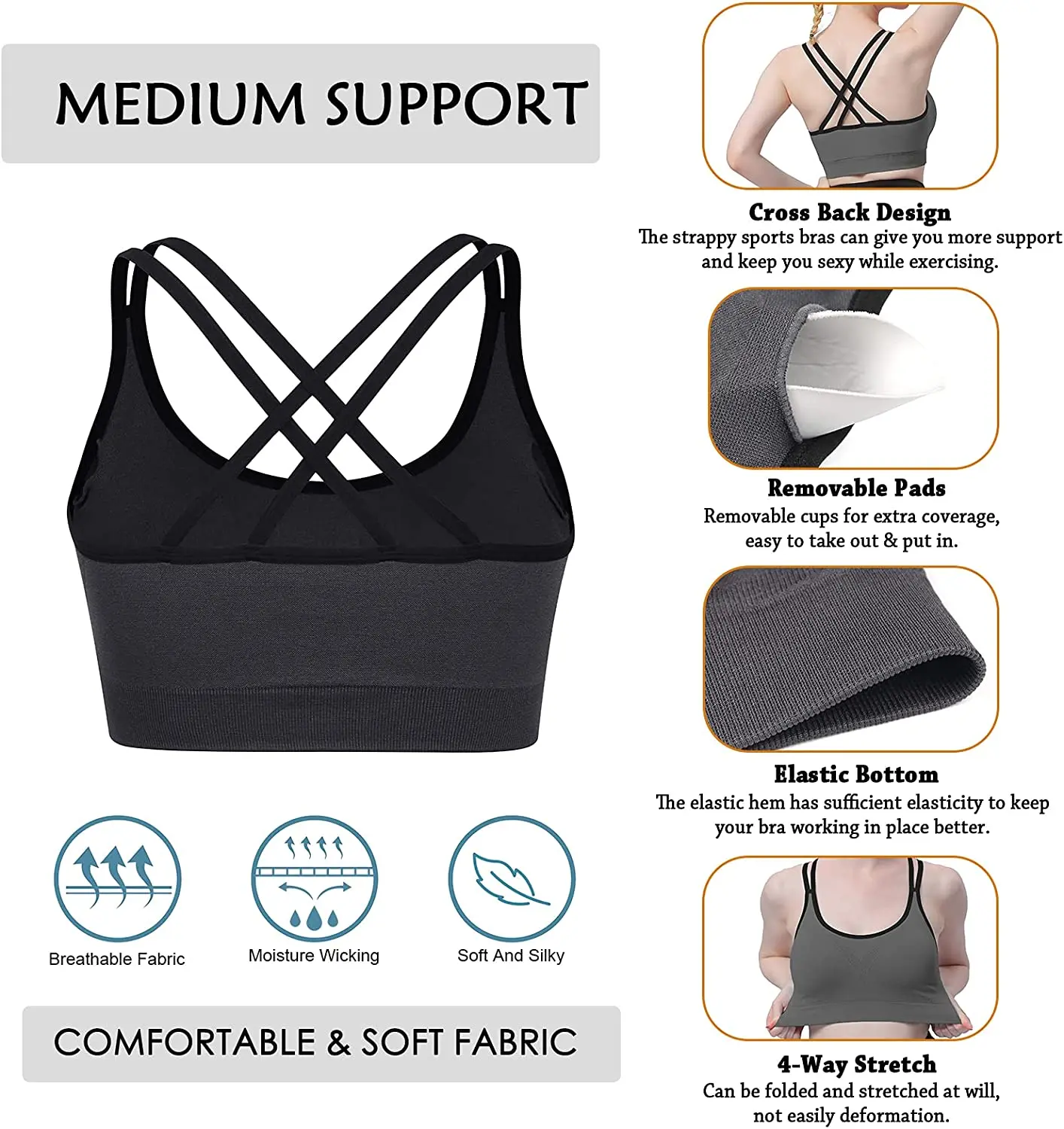 3 Pack Sports Bra for Women Medium Support Cross Back Yoga Bras