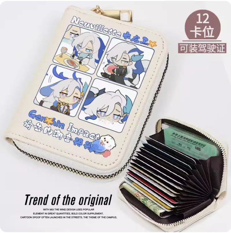 Anime Genshin Impact Neuvillette Fashion Wallet PU Purse Card Coin Zipper Cash Holder Bag Cosplay Gift B256