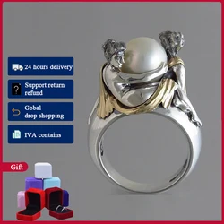 HOYON Original 925 Sterling Silver Color French Romantic Elegant lady Holding Faux Pearl Ring for Women Jewelry Free Shipping