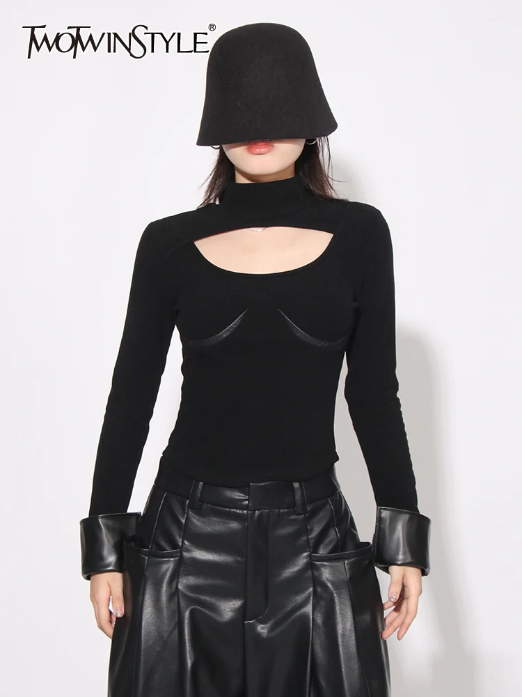 

TWOTWINSTYLE однотонная Сексуальная футболка для похудения для женщин Водолазка с длинным рукавом открытые темпераментные футболки женская модная одежда