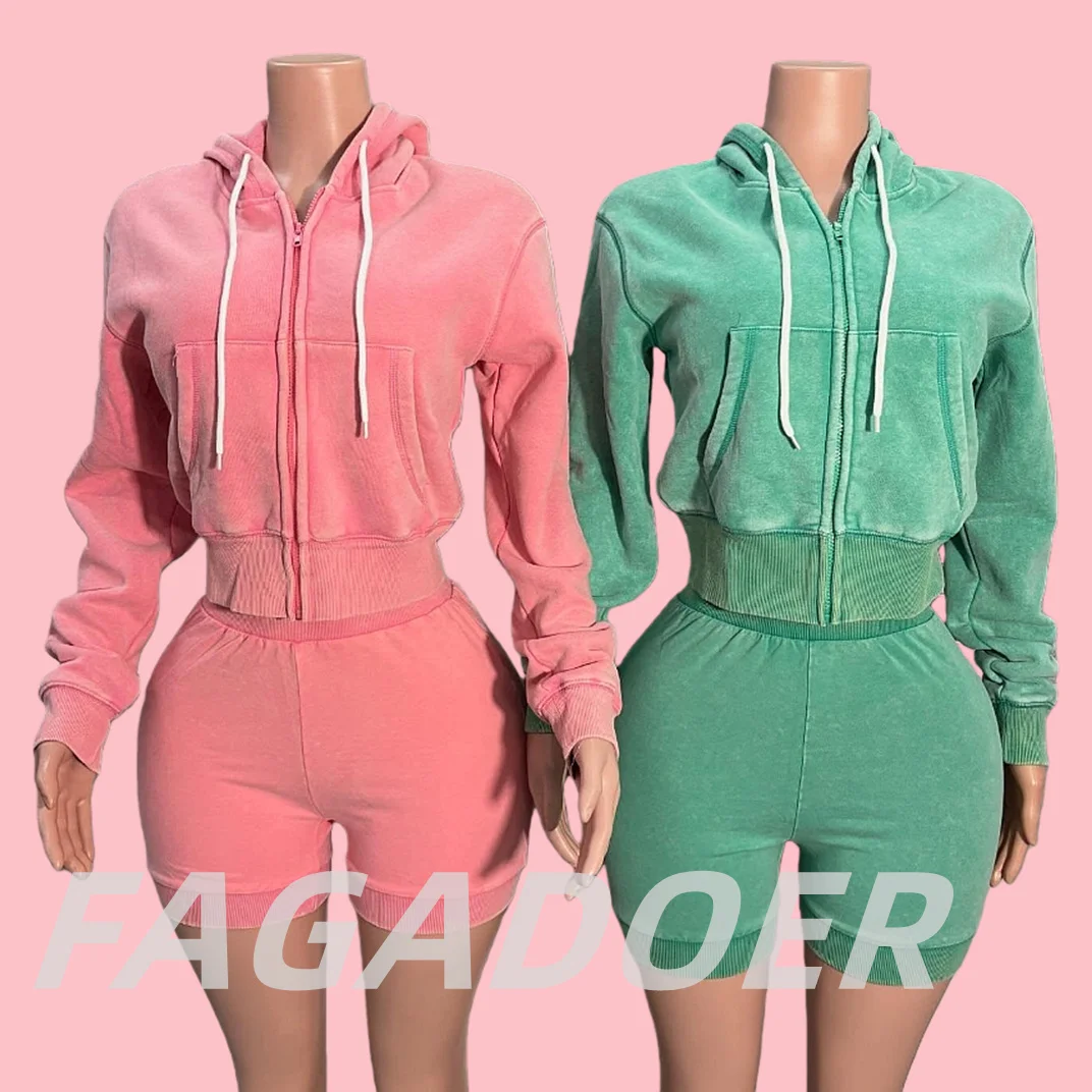 FAGADOER Casual Wash Two Piece Outfits Woman Solid Color Long Sleeves Hooded Crop Top and Shorts Matching Female Streetwear New