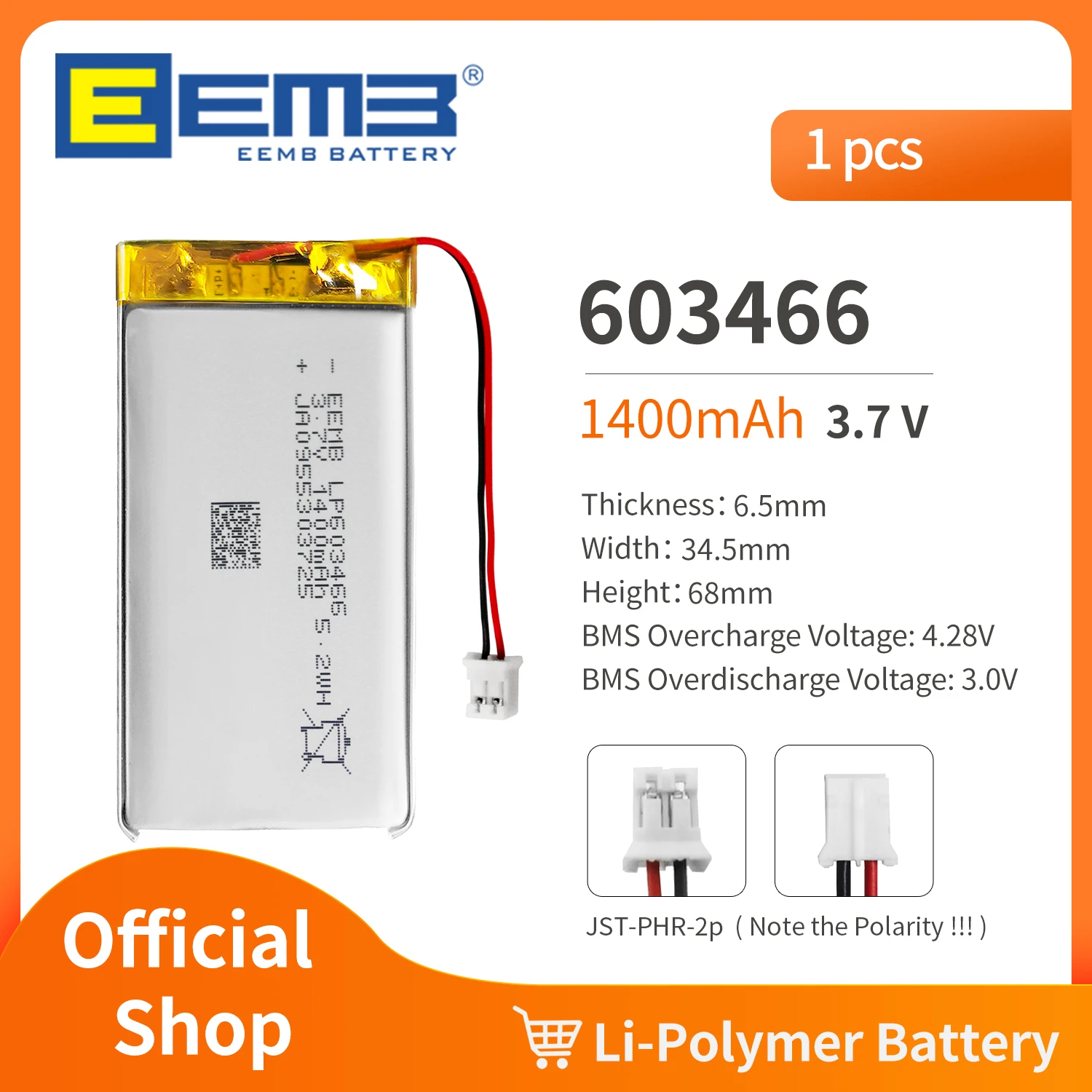 EEMB 603466 3.7V Battery 710mAh Rechargeable Lithium Polymer Battery Pack For Dashcam,Flashlight,Bluetooth Speaker, GPS,Camera