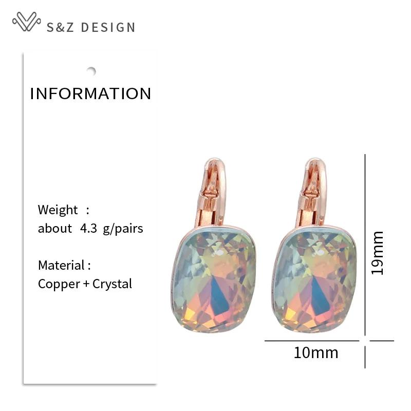 S&Z DESIGN New Fashion Rectangle Colorful Crystal Dangle Earrings For Women Wedding 585 Rose Gold Color Jewelry Eardrop