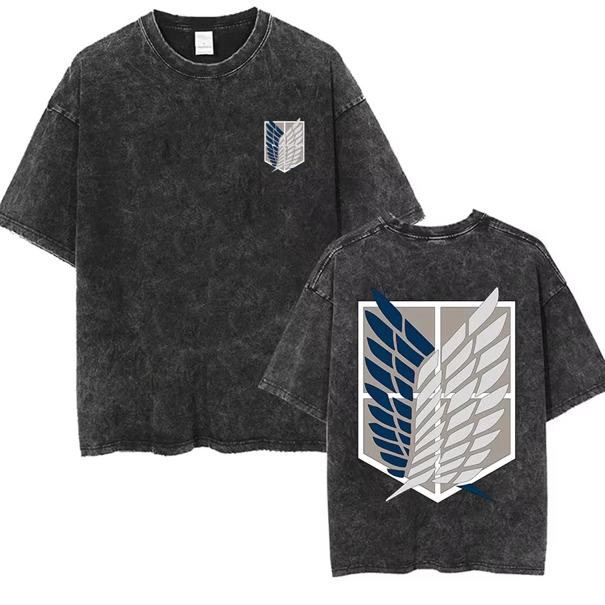 Anime Attack Titan Retro Wash Bedrucktes T-Shirt Mikasa Ackerman Eren Jaeger Free Wings Pattern Herren Sommer-T-Shirt – Detail 9