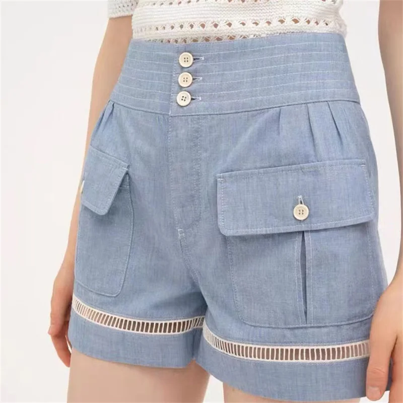 

Женские шорты, Новинка лета 2024, модные облегающие синие шорты в Корейском стиле с высокой талией, джинсовые шорты из 100% чистого хлопка с вырезами, женские брюки