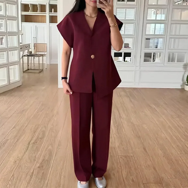 2025 موضة جديدة سليم بلوزة برقبة على شكل v + بنطال ذو قصة أرجل واسعة قطعتين مجموعات المرأة الصيف سترة غير رسمية بنطلون دعوى للنساء