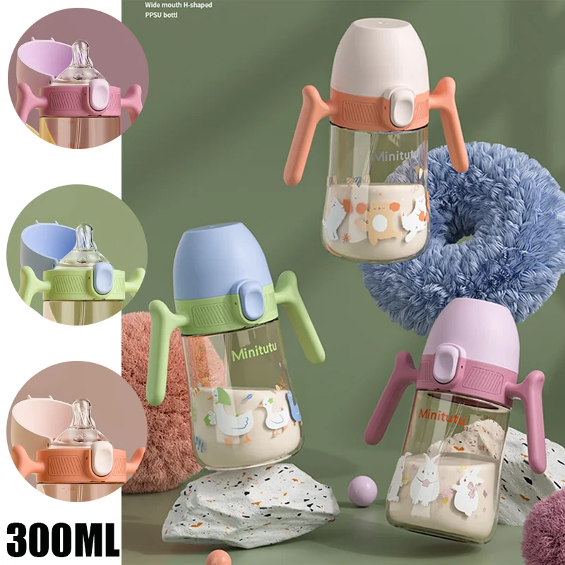 300ML large capacity PPSU baby bottle with gravity ball and handle, cute cartoon cat duckling bunny printed bottle
