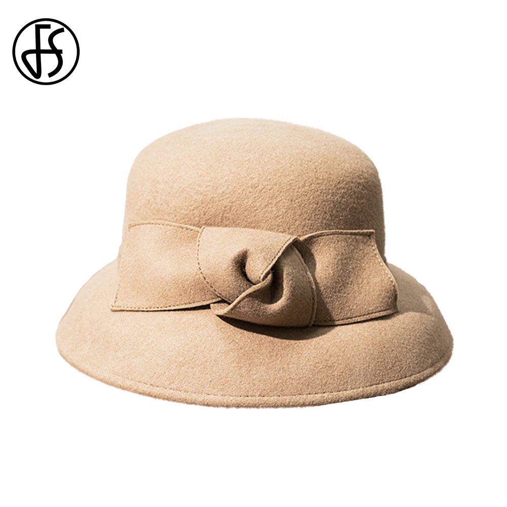 

FS 2024 Autumn Winter Fedoras Women Hat Wool Felt Ladies Bowler Hats Dome Wedding Church Cap Female Elegant Vintage Bowknot