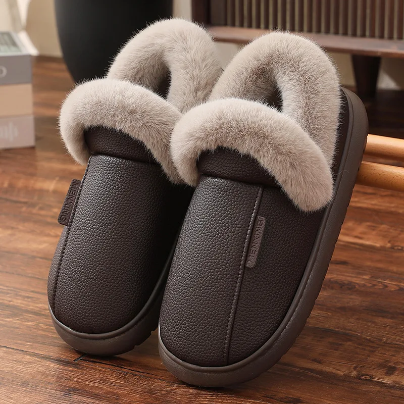 

Feerldi good quality warm winter fur slippers male dad home bedroom furry shoes waterpoof flat plush mules Shoes