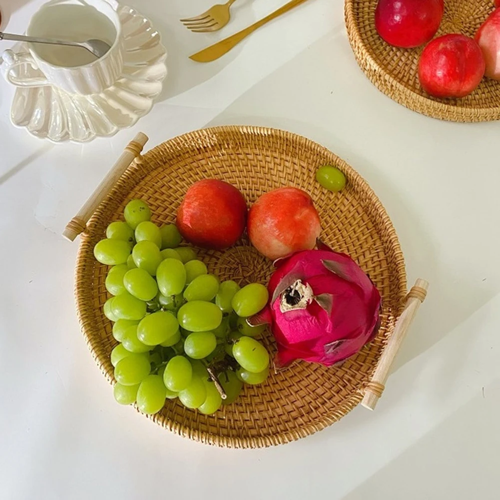 Handwoven Rattan Storage Tray Snack Bread Basket Tray Living Room Snacks Sundries Round Storage Basket Fruit Home Supplies