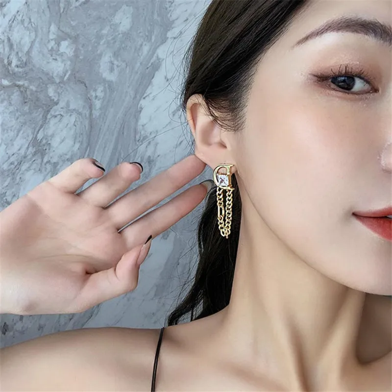 South Korea Design Jewelry Chain Tassel Letter D Square Zircon dangle earrings drop earrings crystal tassel earrings Women's Party Gift Accessories