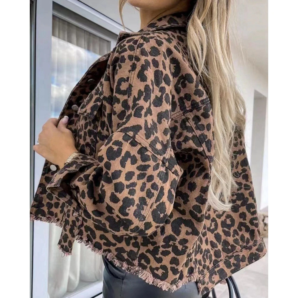 Spring Women Leopard Print Corduroy Coat Pocket Decor Femme Korean Style Turn-down Collar Buttoned Casual Jackets y2k Streetwear
