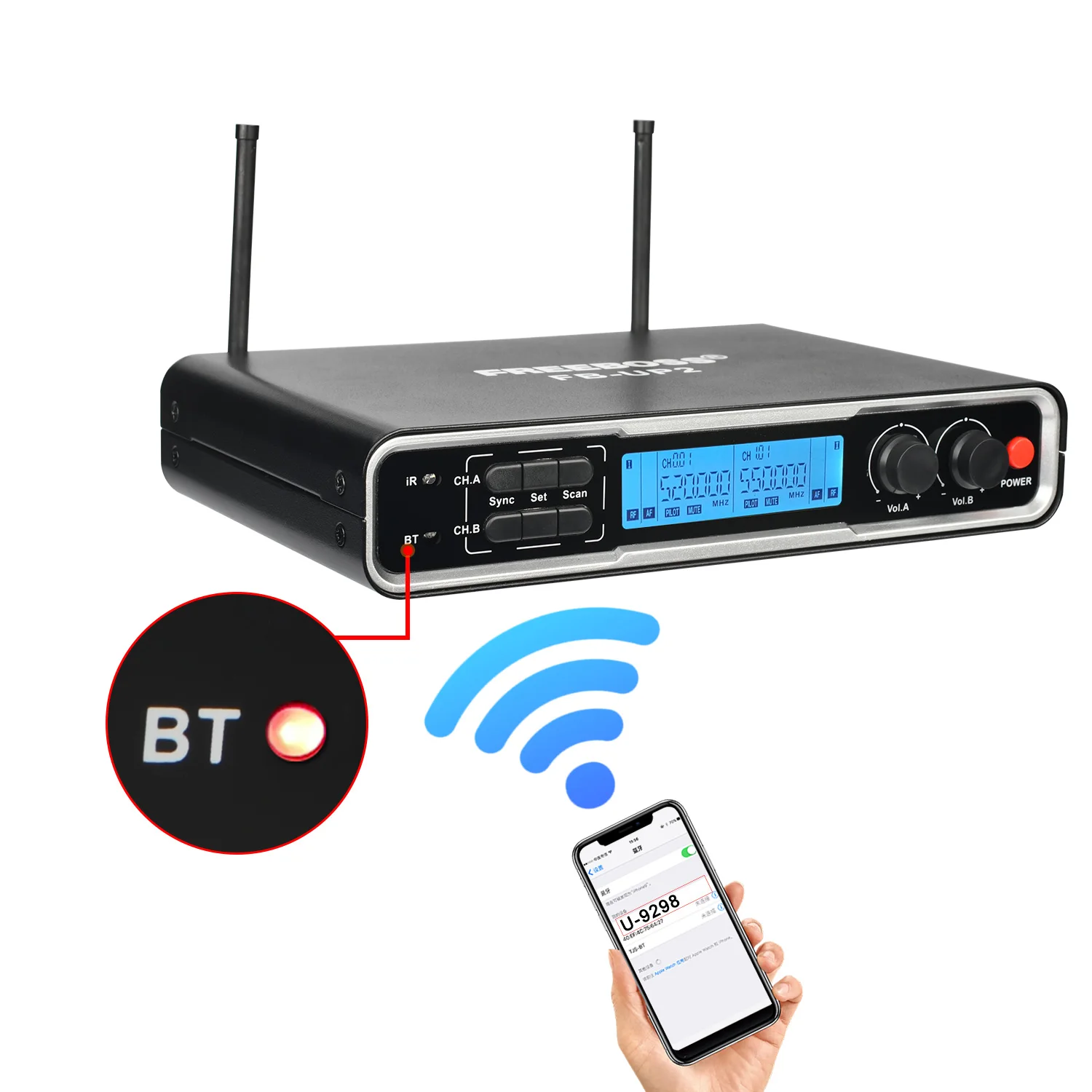 Freeboss Bluetooth Wireless Microphone Rechargeable UHF Dual Ways Transmitter Dynamic Mic for Home Karaoke System Party FB-UP2