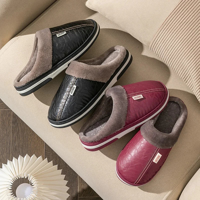 Men's Winter Big Size Indoor Waterproof PU Leather Slippers Home Cotton Shoes