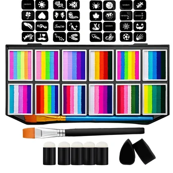 Palette di colori per viso e corpo da 65 colori + 32 stencil, colori brillanti e di lunga durata, adatti per il trucco del viso per feste e festival, corpo