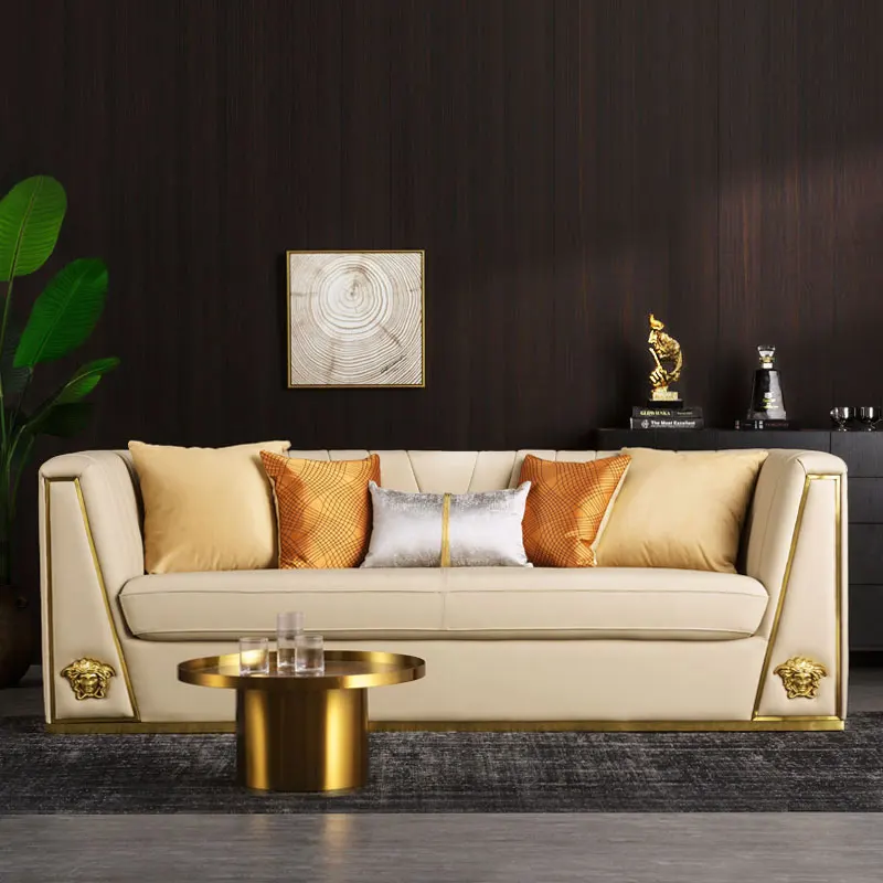 Divano Di Lusso Leggero In Pelle Di Grandi Dimensioni In Stile Minimalista Con Tre Posti Post-Moderno Semplice Lusso Versace Beige