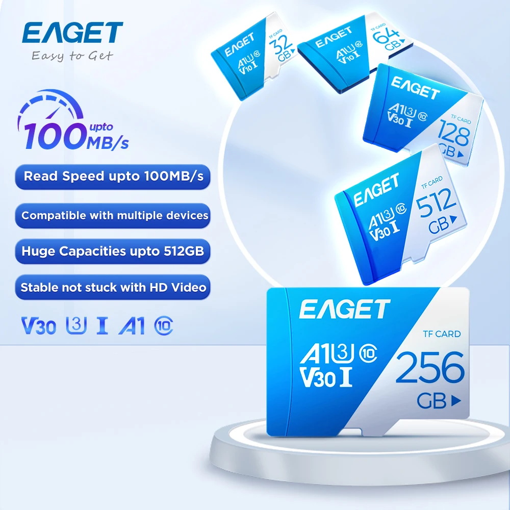 بطاقة ذاكرة SD EAGET سعة 64 جيجابايت TF U3 V30 مصم...