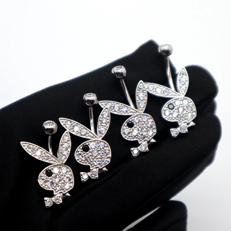 MIQIAO Rabbit Belly Button Rings Belly Button Piercing Silver 925 Body Jewelry Belly Bar Cute For Teens Shiny Zircon Woman