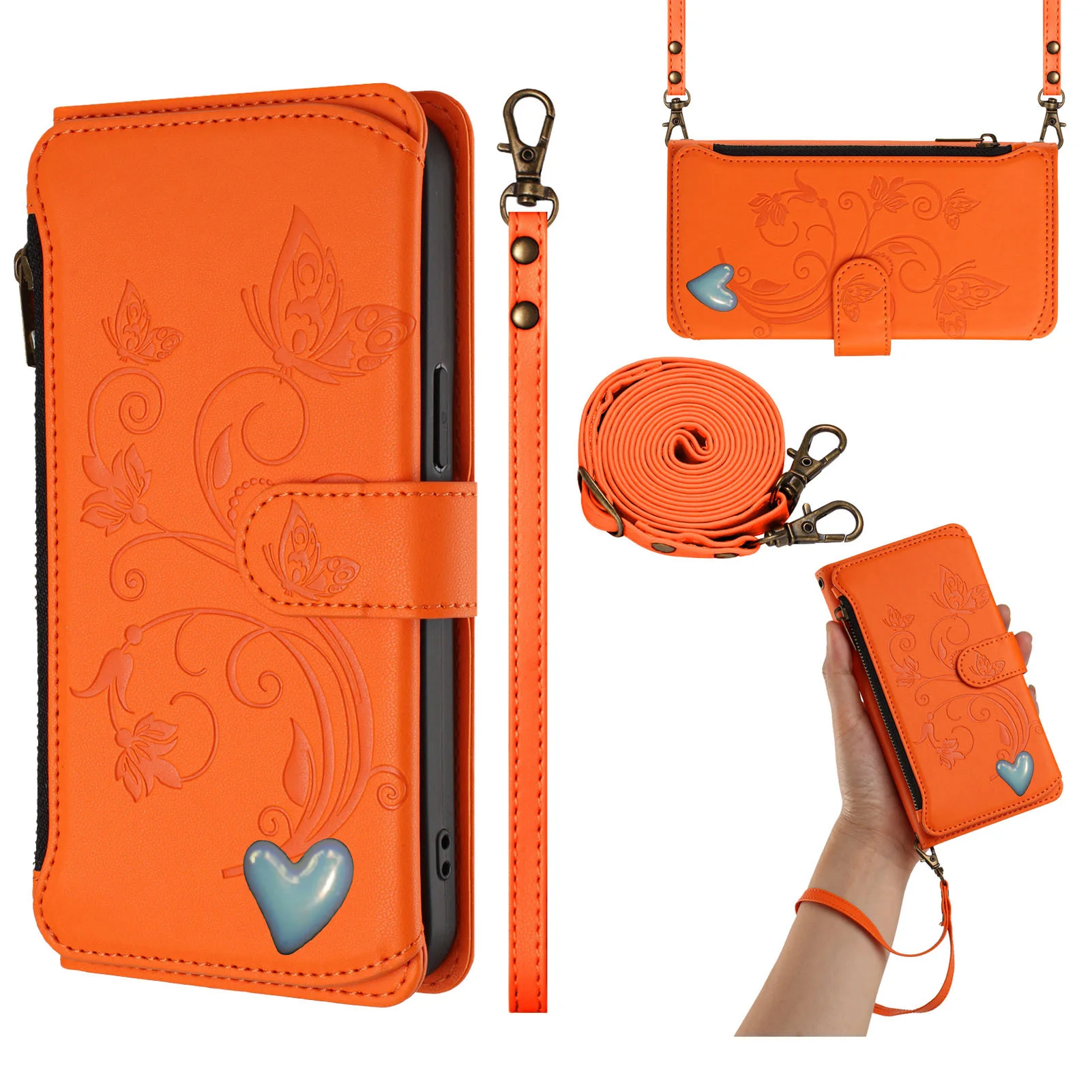 Elegant Crossbody Lanyard Flip Case Leather Wallet Cover with 5 Card Slots