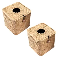 2 Pack Square Seagrass Facial Tissue Box - Decorative Woven Paper Holder Napkin Dispenser - Straw Tissue Box Cover 1