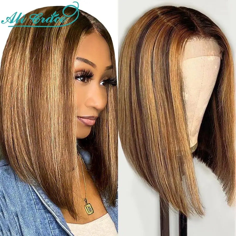 

4/27 Highlight Bob Wigs Human Hair Ombre Straight Short Bob Wigs 4X4 Lace Human Hair Wig Ali Grace Pre-Plucked Bob Wig