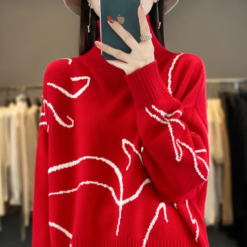 

2024 New Year's Red Sweater Women's High Neck Loose and Lazy Christmas New Clothes Wearing Winter Thickened Bottom Shirt