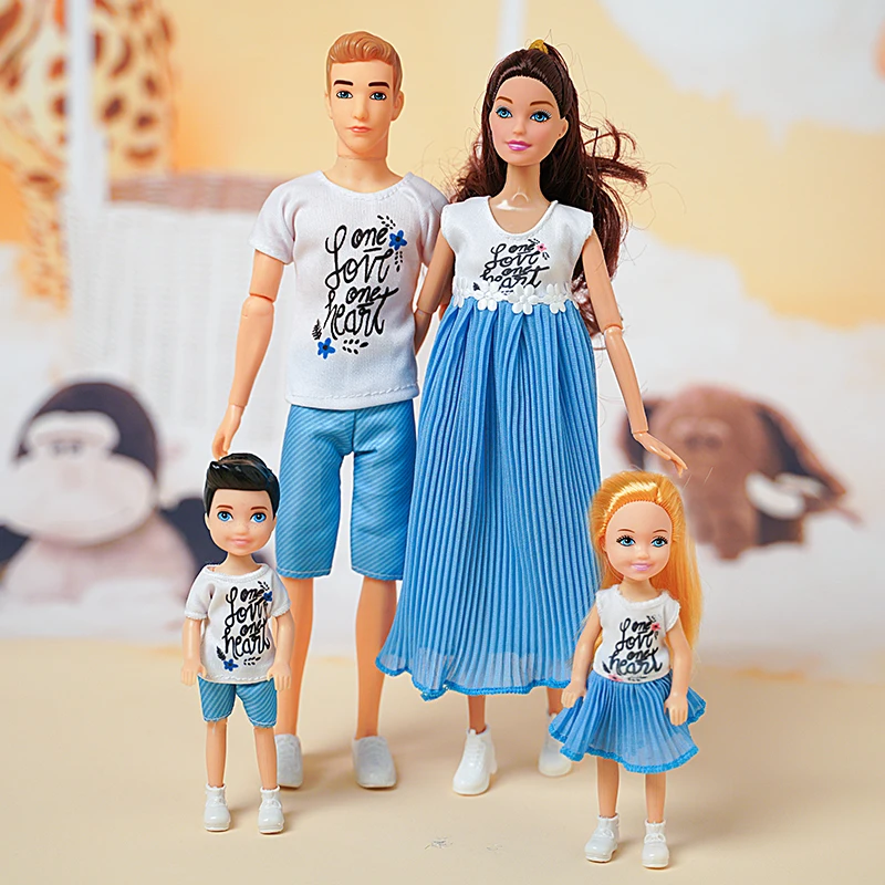 Muñeca Barbie de 1/6, conjunto familiar de 4 personas, mamá, papá, niños, conjunto completo de muñecas Barbie de 30 cm con ropa para regalo de cumpleaños educativo