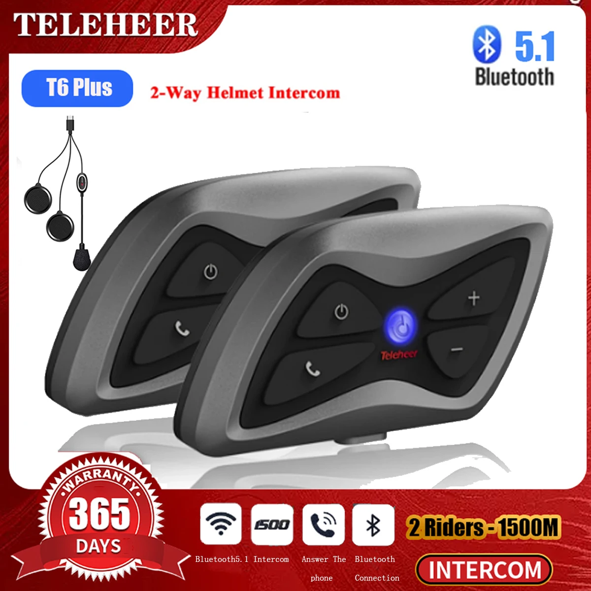 

Teleheer T6 Plus Motorcycle Helmet Headset Bluetooth 5.1 2 Riders 1500M Intercomunicador Moto Waterproof Real-time Intercom V6