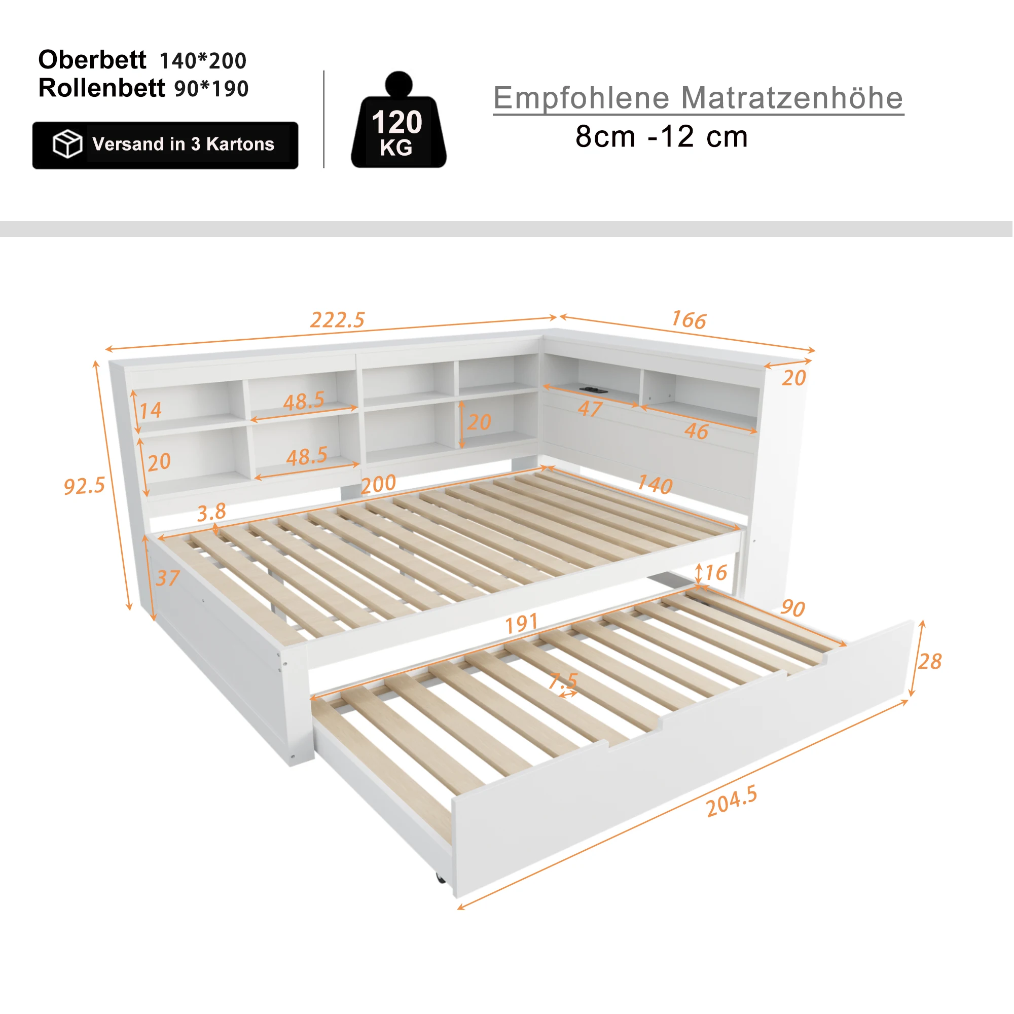 KOMHTOM multifunktionales Massivholzbett Schlafsofa 140x200 mit ausziehbarem Bett 90x190 USB Steckdose und mehreren Ablagefächer – Detail 9
