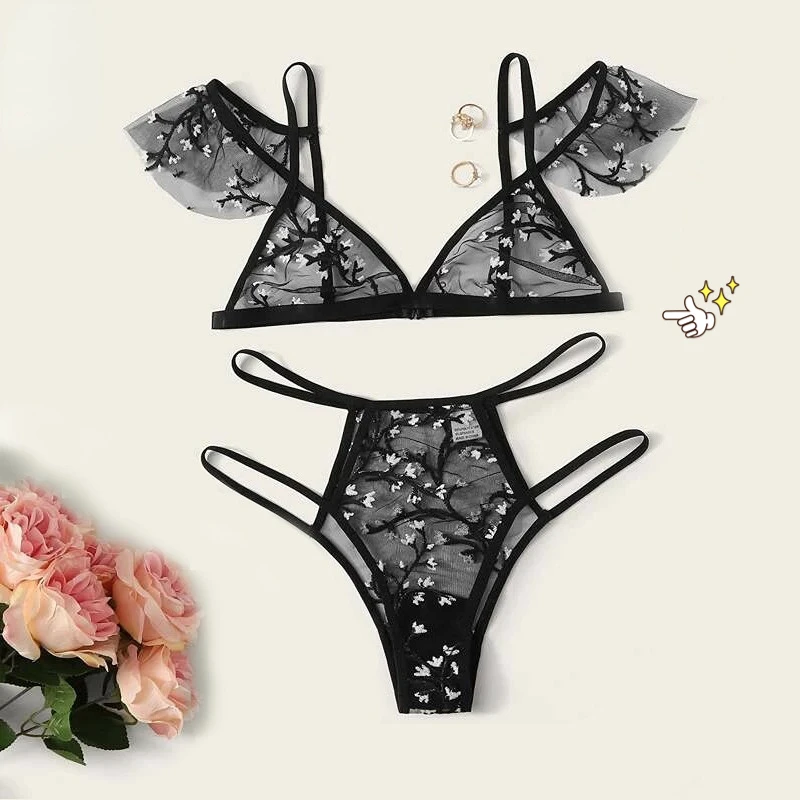 

Sexy Lingerie Set Lace Bra and Panty Embroideried Brassiere Thong Underpants Women's Underwear Transparent Erotic Bra Brief Sets