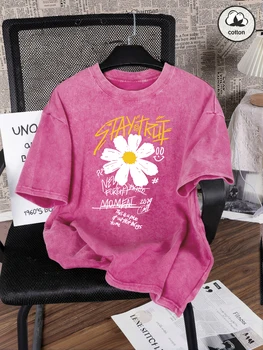 Stay True Moment Flower Print Women Washed T-Shirt Oversize Crewneck T Shirts Cotton Tee Tops Vintage Summer Short Sleeves 1