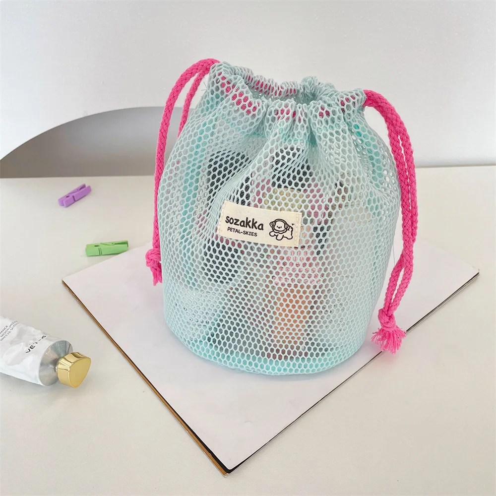 Woven Label Candy Colors Visible Mesh Beach Toy Storage Bag Portable Drawstring Makeup Brush Holder Bag for Girls