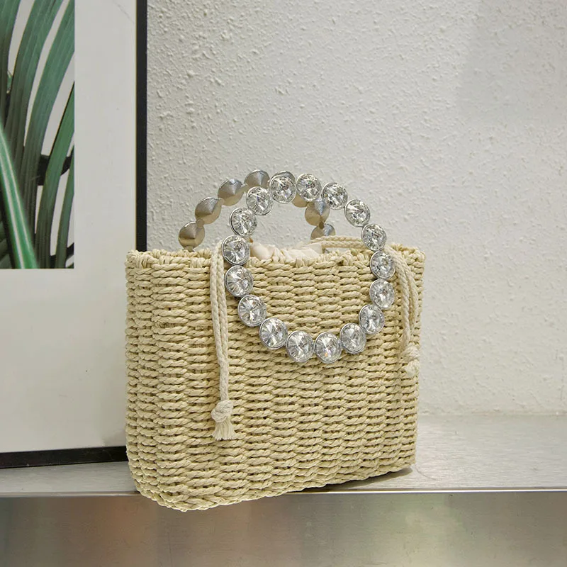 Summer diamond Straw Bucket Bag For Women Handmade Woven Handbag Fashion Style Beach Bag Basket Woven Crossbody Bag Purse Totes