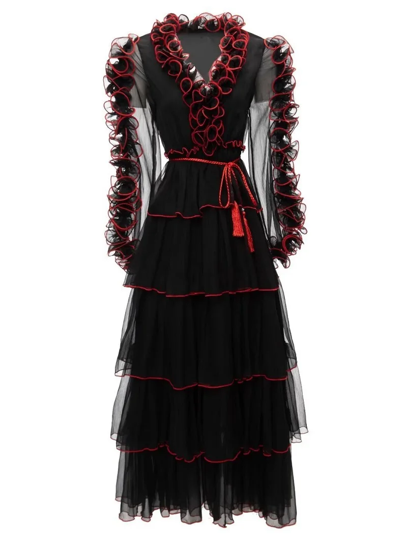 

New 2023 Spring Long Dress High Quality Women Women V-Neck Cascading Ruffle Floral String Belt Deco Long Sleeve Maxi Dress XL