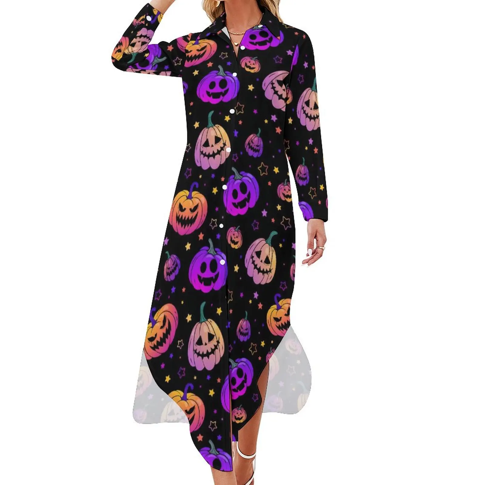 

Neon Pumpkins Chiffon Dress Halloween Print Elegant Dresses Womens Long Sleeve Aesthetic V Neck Design Oversized Casual Dress