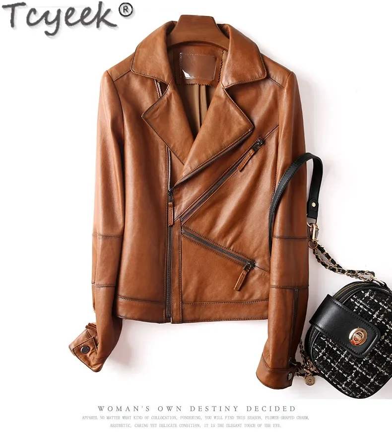 Tcyeek Real Leather Jacket Women Fashion Women\'s Motocycle Jackets Black Brown Sheepskin Coat for Women Clothing Spring Autumn
