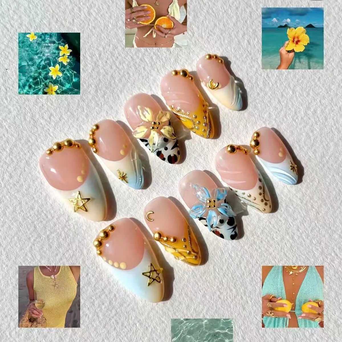 24PCS Pink Almond Press-On Nails with 3D Floral Design and Golden Pearl Accent