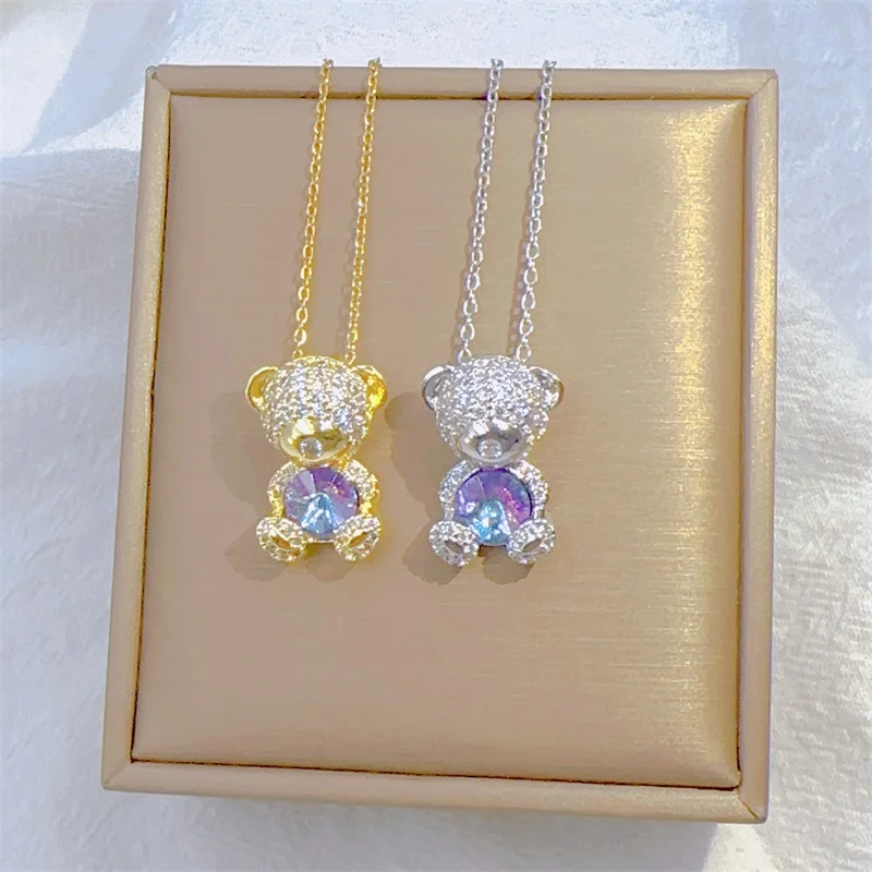 чокер бижутерия ожерелье подвеска чокер на Изысканная индивидуальность, розовая искусственная кожа, роскошное ожерелье с милым медведем, модное ретро микро-инкрустированное ювелирное изделие, кулон из нержавеющей стали