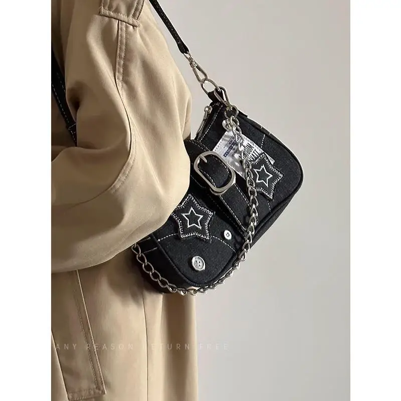 Women's Bag2025New Star Denim Shoulder Underarm Bag Retro Button Handheld Chain Crossbody Bag