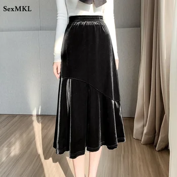 Autunno Inverno Gonne nere di media lunghezza Donna Elegante Fahsion Elastico in vita Faldas Casual Coreano Una linea di velluto Gonna longuette Harajuku 1