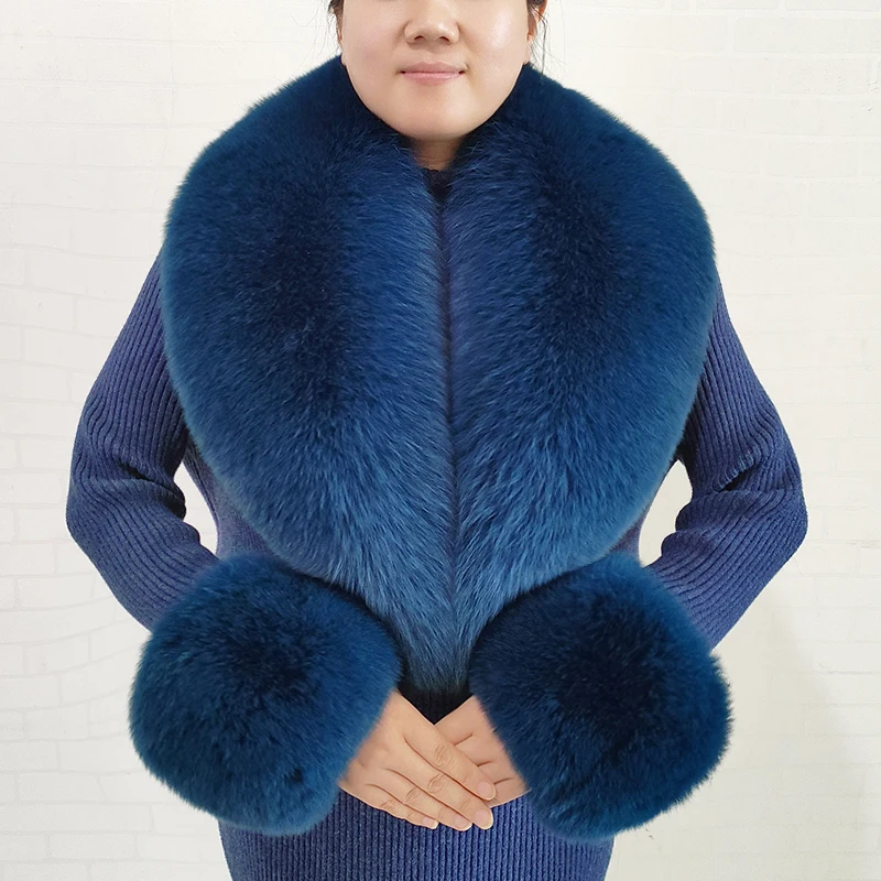 Ensemble de col et de poignets en véritable fourrure de renard pour femmes, manteau d'hiver, grand châle en fourrure moelleuse, écharpe chaude pour le cou, écharpes en fourrure pour femmes.
