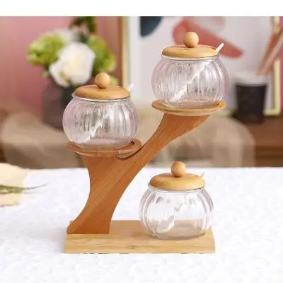 3 Piece Set Kitchen Supplies Ceramic Seasoning Pot Pepper Salt Glass Cruet Trapezoidal Bamboo Rack Tray