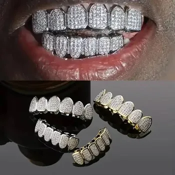 Hip Hop Grillz Set Gold Silver Tooth Caps Removable Dental Jewelry Top Bottom Mouth Grill Unisex Rapper Halloween Party Gift 1