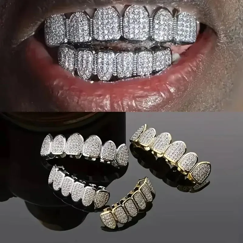 Hip Hop Grillz Set Gold Silver Tooth Caps Removable Dental Jewelry Top Bottom Mouth Grill Unisex Rapper Halloween Party Gift