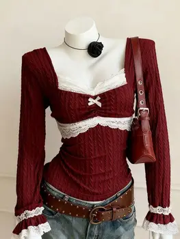 2026 New Spring Vintage Slim Y2k T-Shirts Women Warm France Design Retro Lace Patchwork Thin Skinny Long Sleeve Hot Girl Tees 1