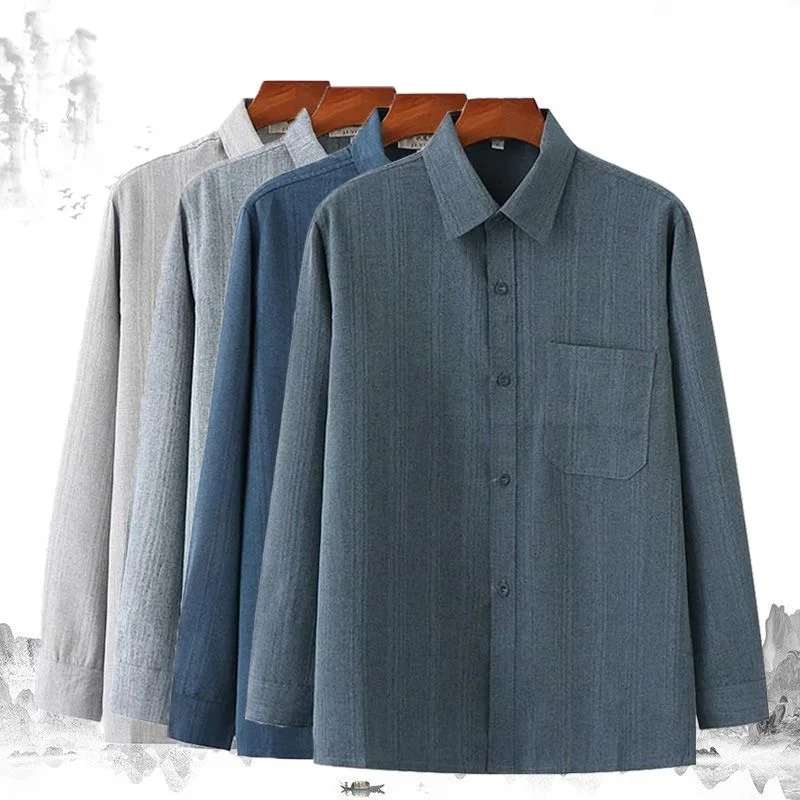 

2023 Spring Autumn Men Fashion Long Sleeve Loose Shirts Men's Cotton Linen Thin Male Solid Color Iockets Blouses I123