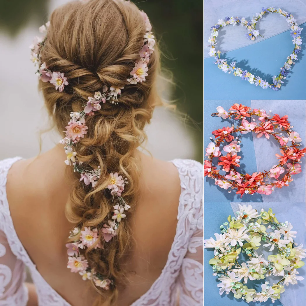 신부 시뮬레이션 꽃 장미 화환 수제 벚꽃 핑크, 흰 꽃 왕관, 요정 휴가 머리띠..