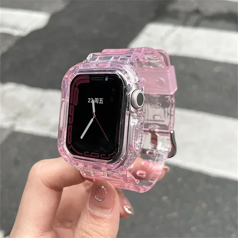

2023 New Letter Sport Clear Band + Case For Apple Watch 7 6 SE 5 4 3 Transparent Plastic Strap For iwatch Strap 41MM 40 38 44 45